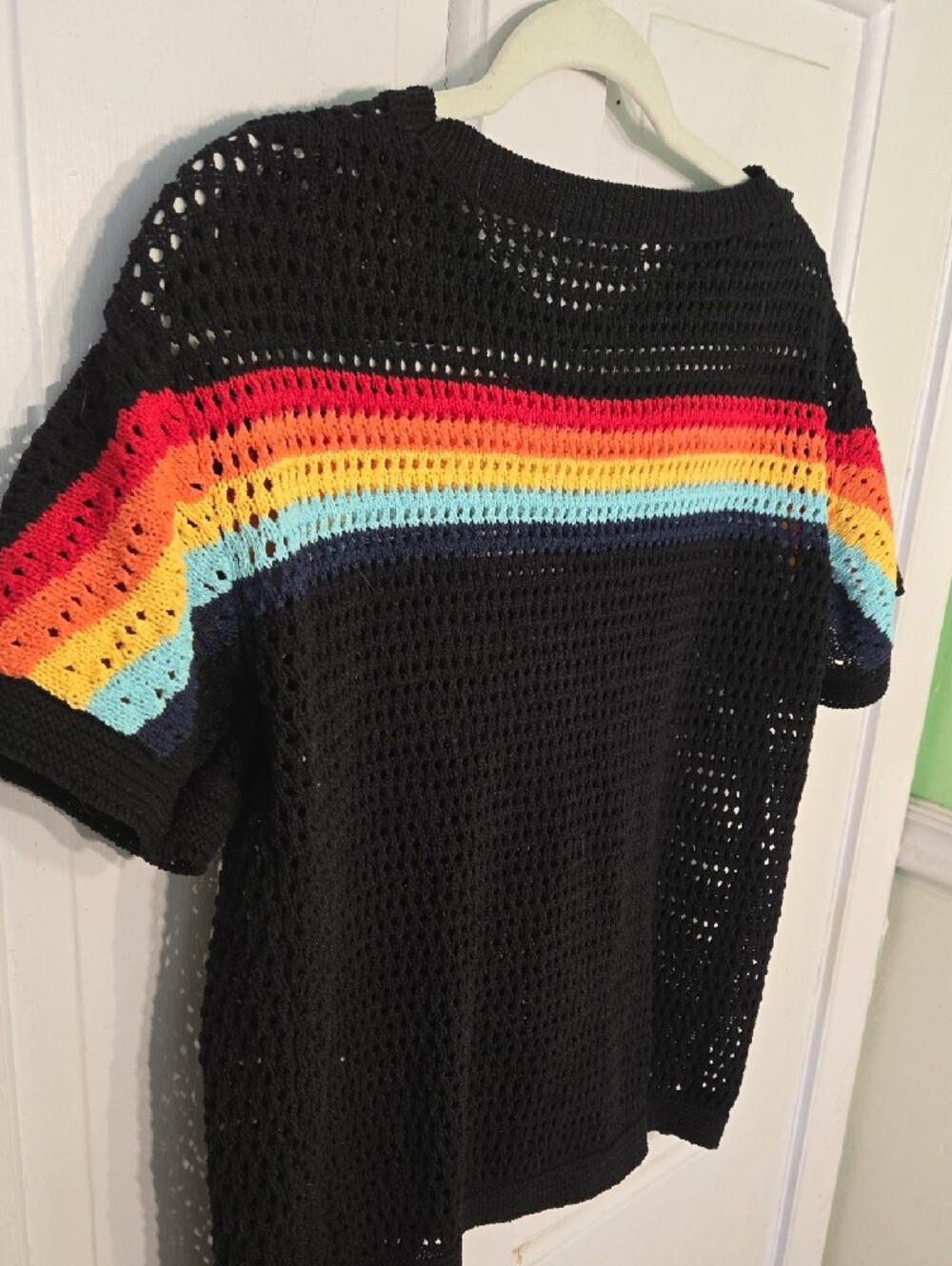 Jane Dressinglog Black Crochet Short-Sleeve Top with Rainbow Stripes Size XL - Picture 5 of 5